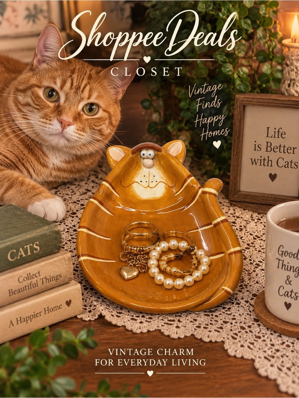 Vintage 1990s Russ Berrie Alley Katz Orange Tabby Cat Ceramic Trinket Dish 7”